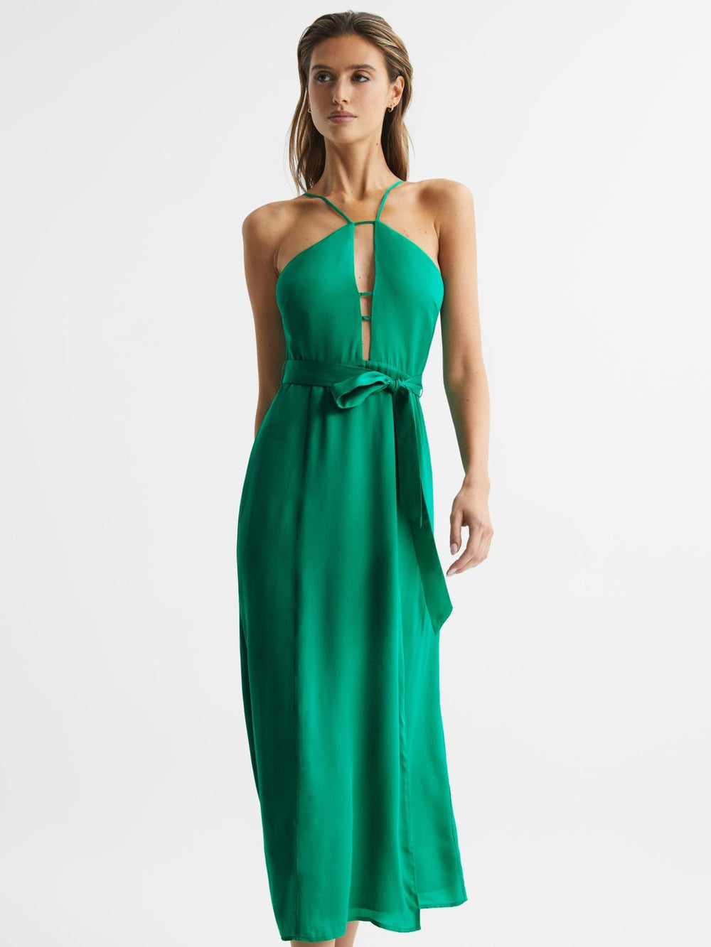 Reiss Dresses | Arianna Halter Neck Belted Midi Dress Green - Women