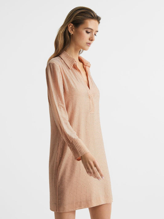 Reiss Dresses | Austin Embellished Mini Shirt Dress Nude - Women