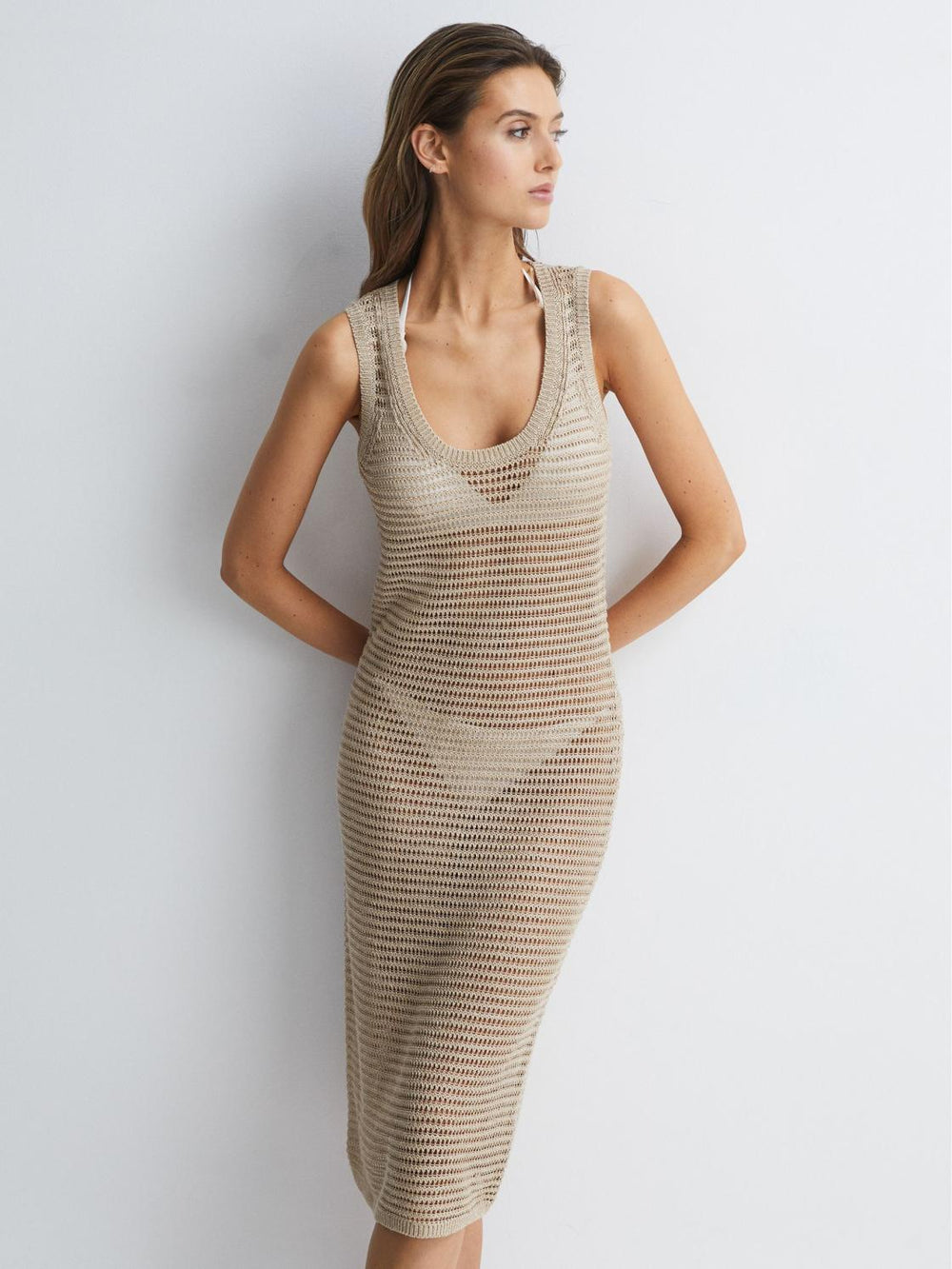 Reiss Dresses | Avene Knitted Bodycon Midi Dress Neutral - Women