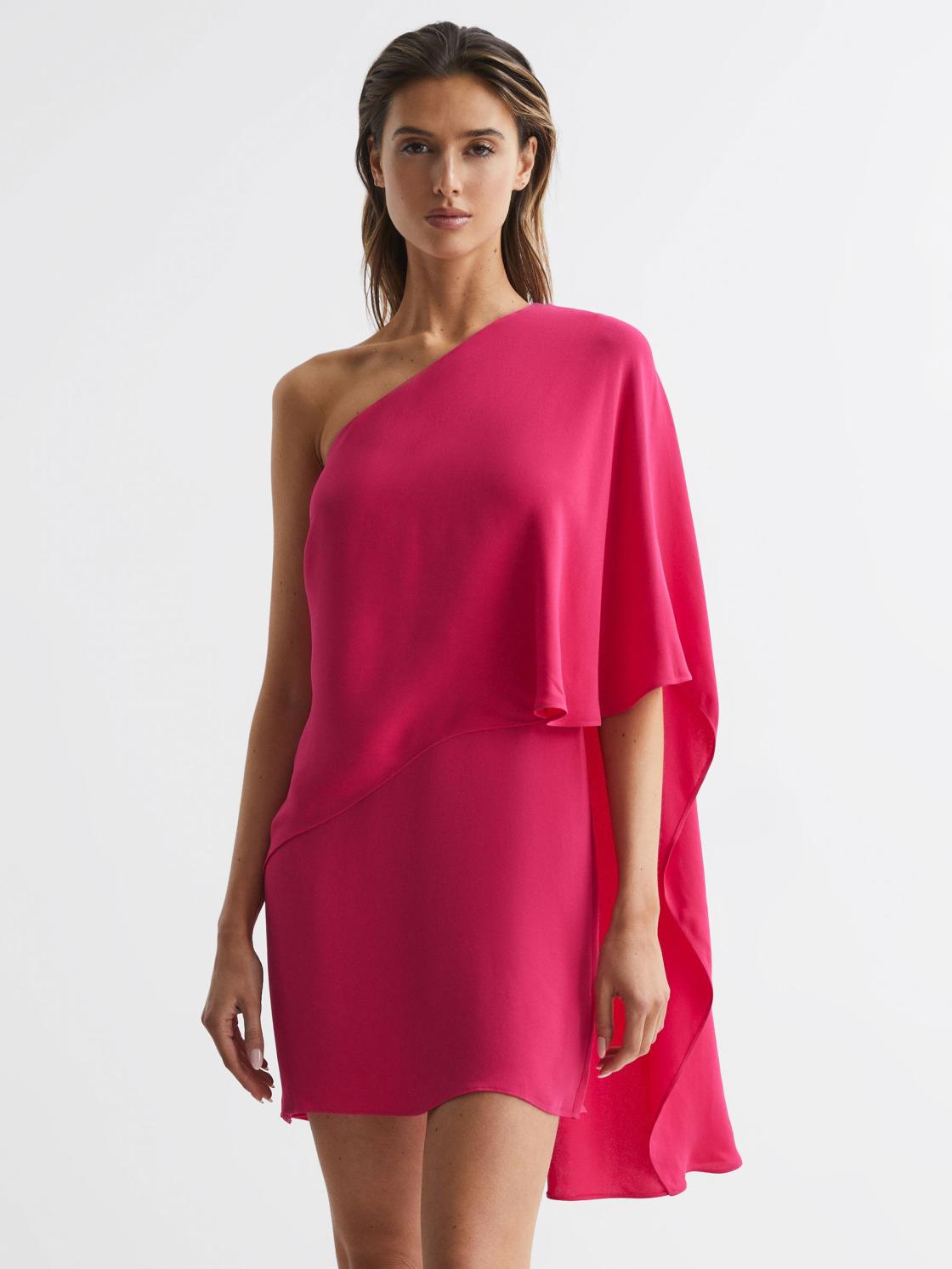 Reiss Dresses | Blake One Shoulder Cape Mini Dress Bright Pink - Women