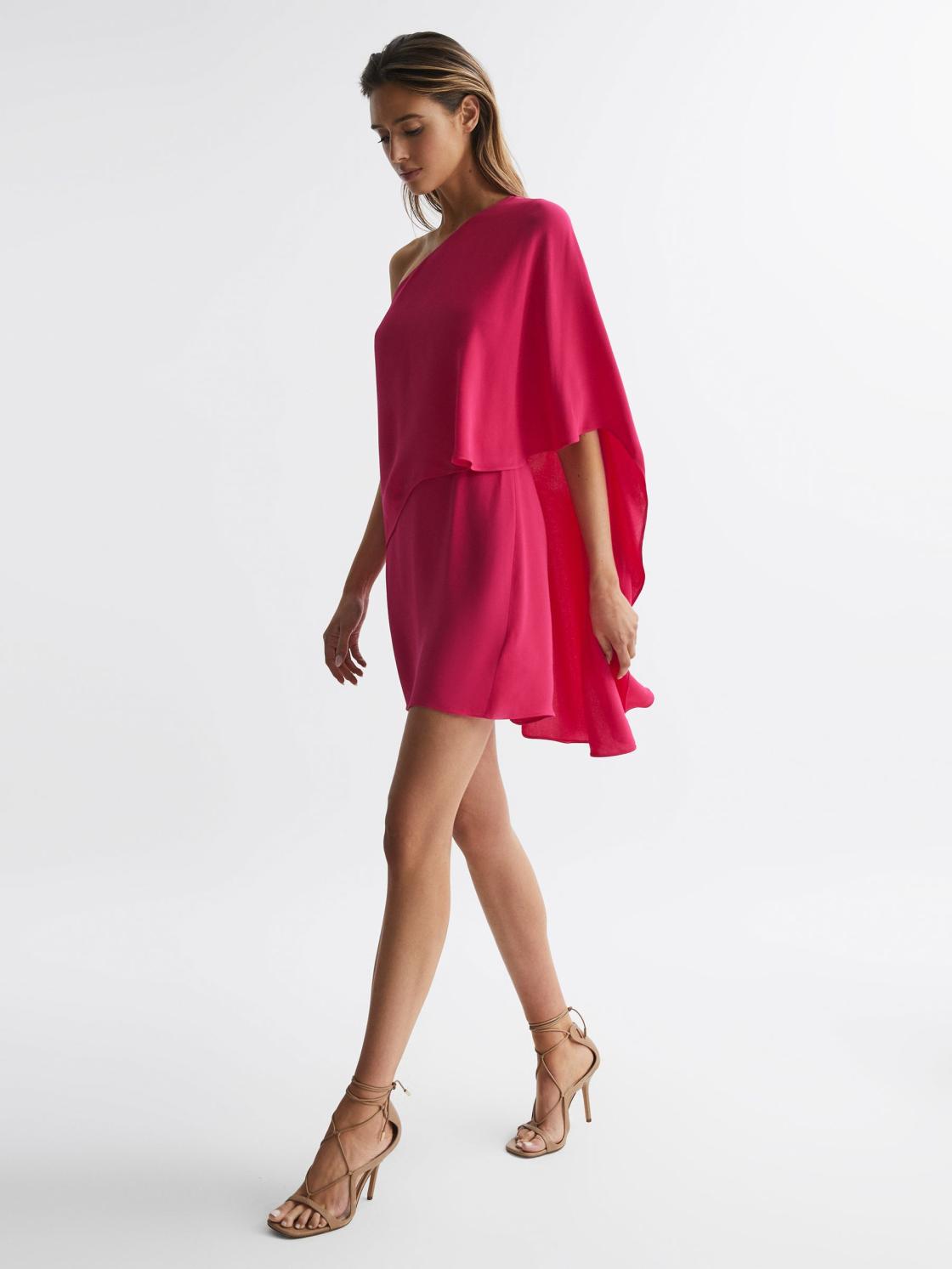 Reiss Dresses | Blake One Shoulder Cape Mini Dress Bright Pink - Women