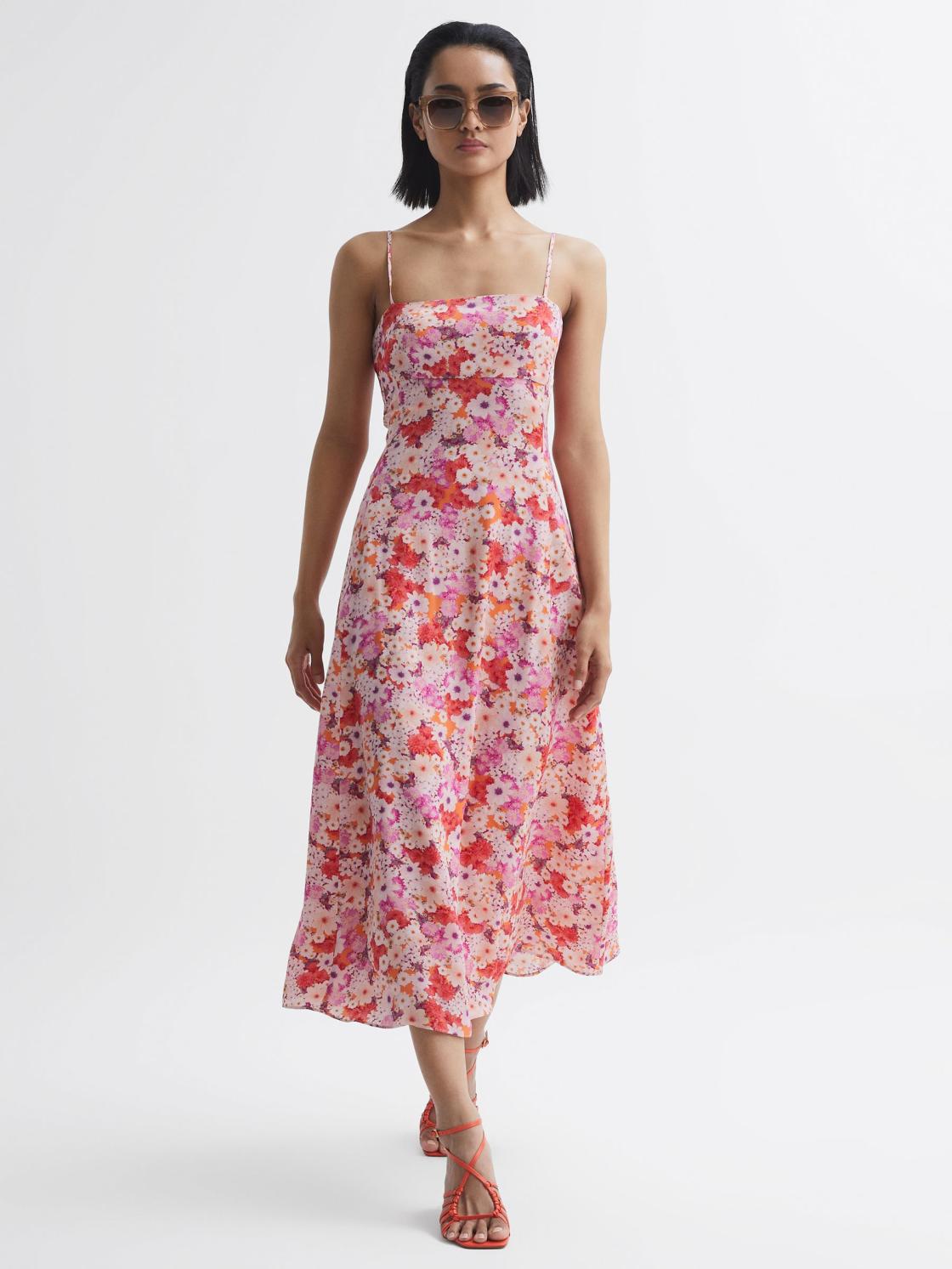 Reiss Dresses | Bonnie Floral Print Fitted Midi Dress Pink Print - Women