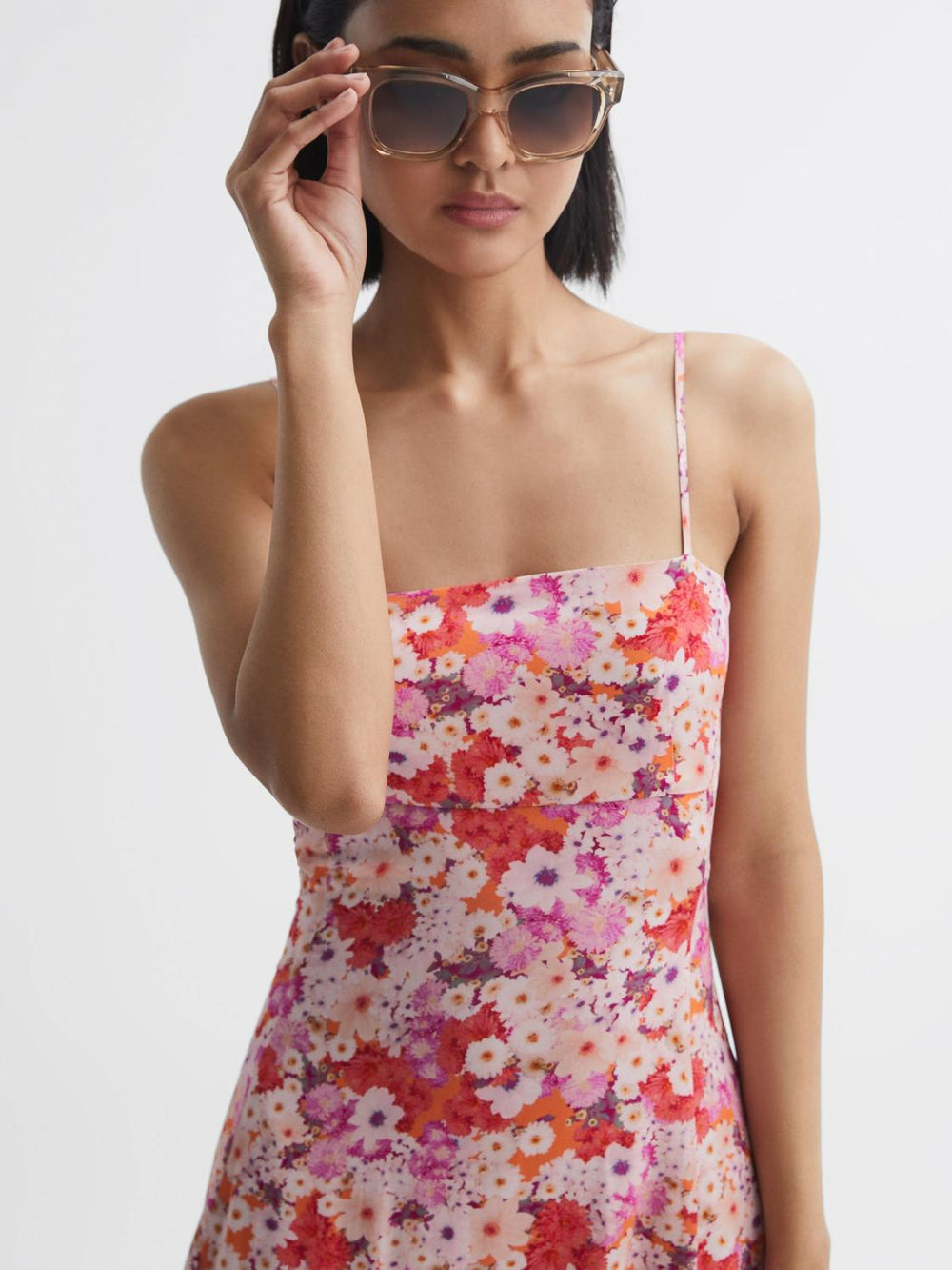 Reiss Dresses | Bonnie Floral Print Fitted Midi Dress Pink Print - Women