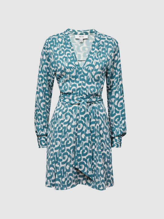 Reiss Dresses | Briella Belted V-Neck Long Sleeve Dress Teal/white - Women