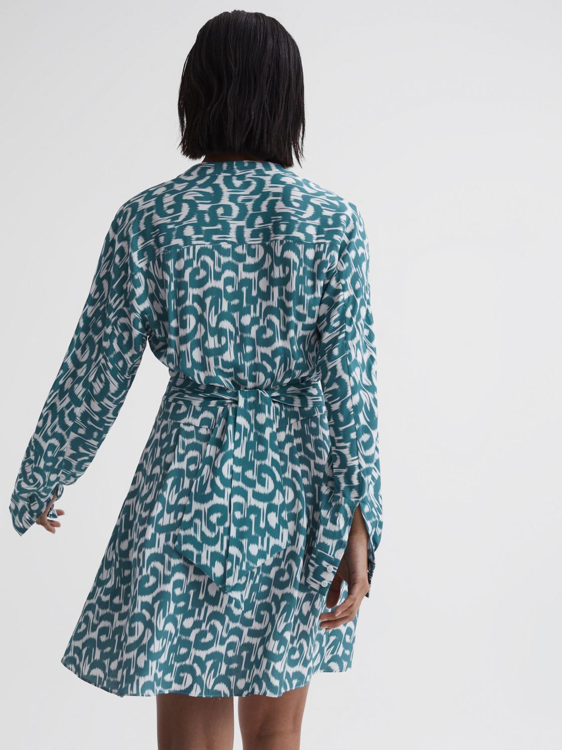 Reiss Dresses | Briella Belted V-Neck Long Sleeve Dress Teal/white - Women