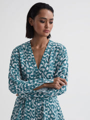 Reiss Dresses | Briella Belted V-Neck Long Sleeve Dress Teal/white - Women