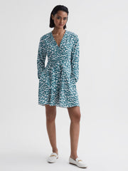 Reiss Dresses | Briella Belted V-Neck Long Sleeve Dress Teal/white - Women