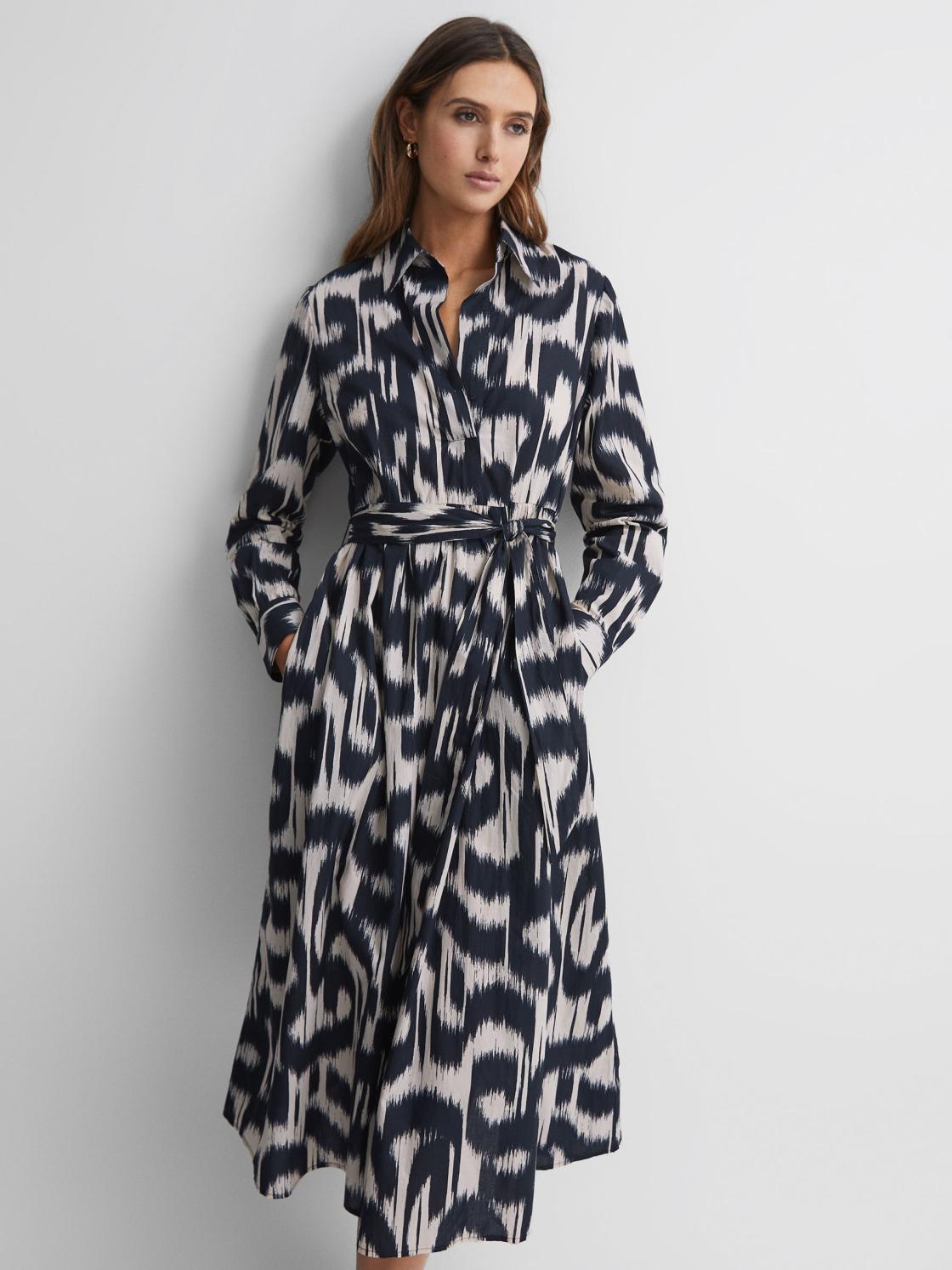 Reiss Dresses | Cleo Printed Belted Midi Dress Black/cream - Women
