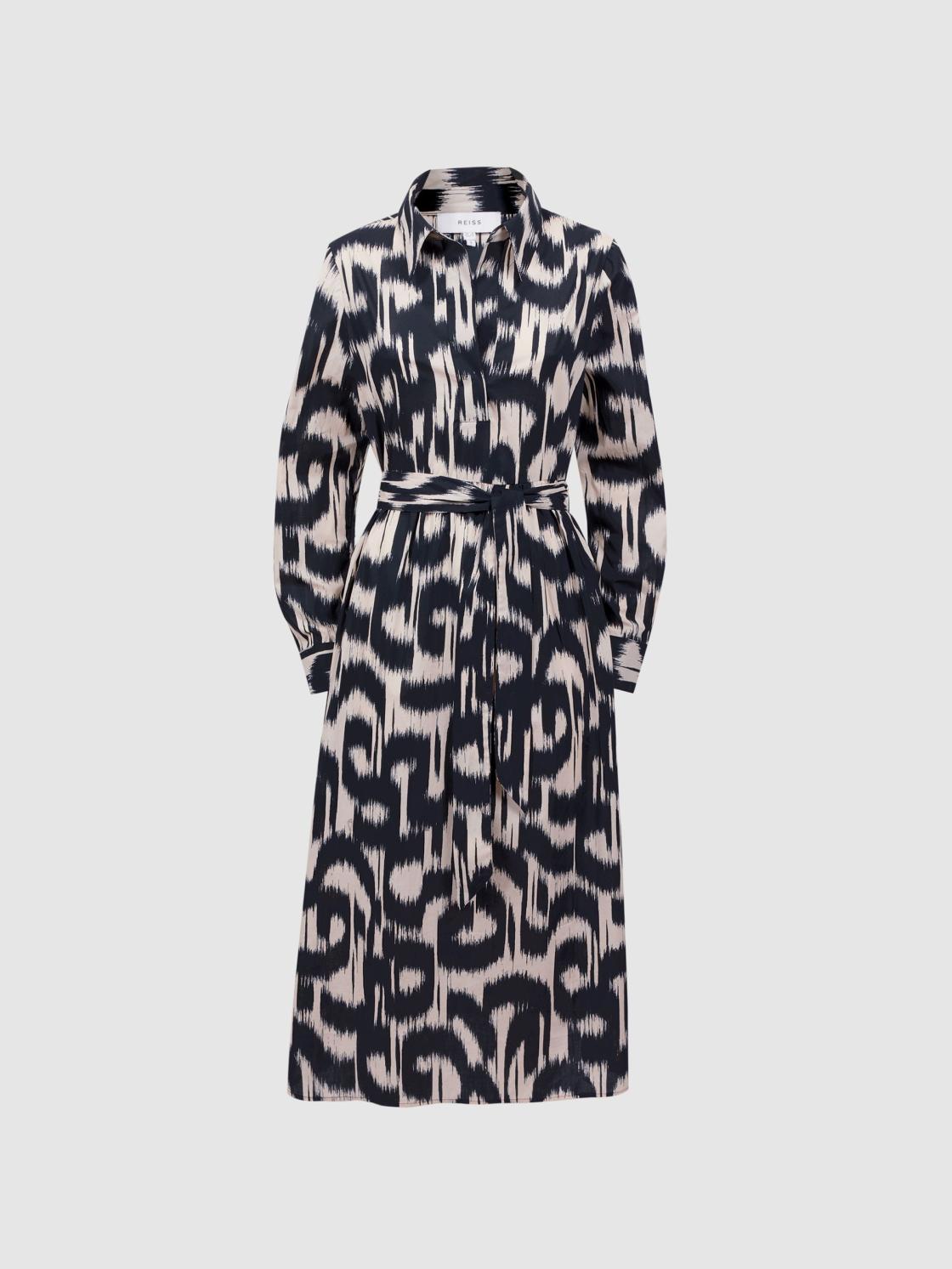 Reiss Dresses | Cleo Printed Belted Midi Dress Black/cream - Women