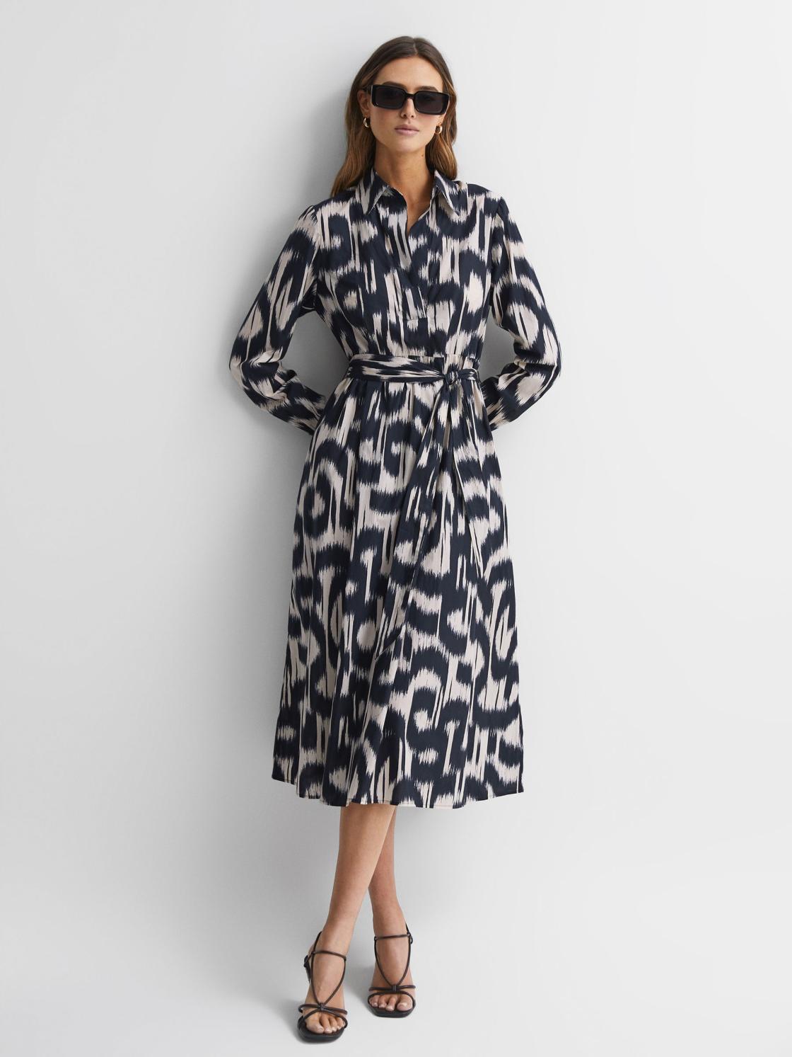 Reiss Dresses | Cleo Printed Belted Midi Dress Black/cream - Women