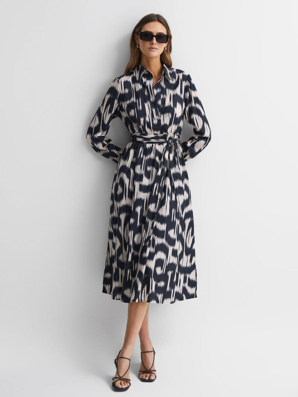 Reiss Dresses | Cleo Printed Belted Midi Dress Black/cream - Women
