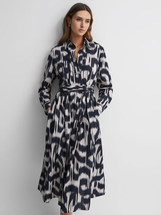 Reiss Dresses | Cleo Printed Belted Midi Dress Black/cream - Women
