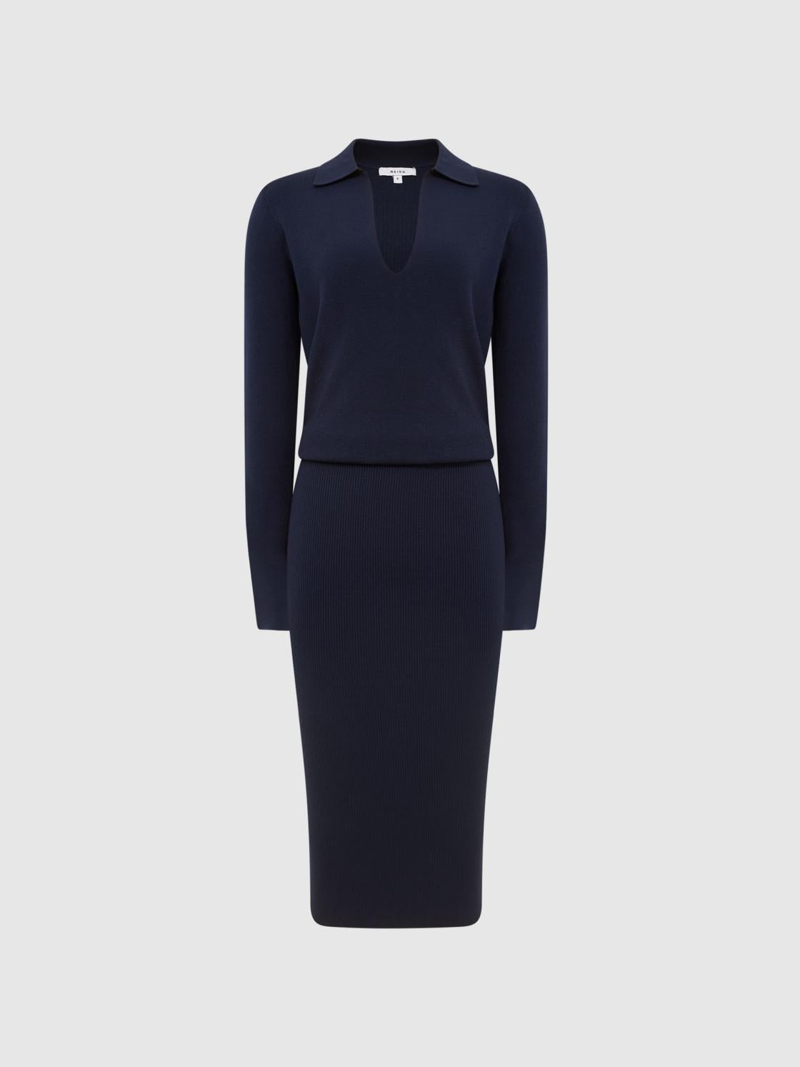 Reiss Dresses | Elaina Rib-Knitted Midi Dress Navy - Women
