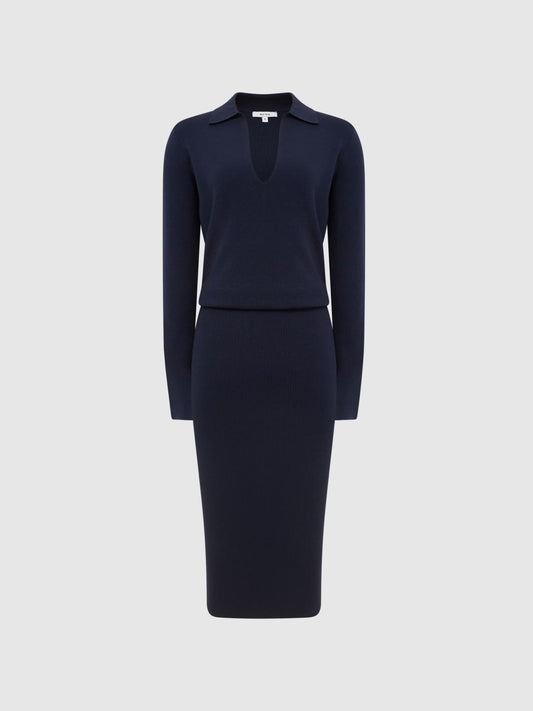 Reiss Dresses | Elaina Rib-Knitted Midi Dress Navy - Women