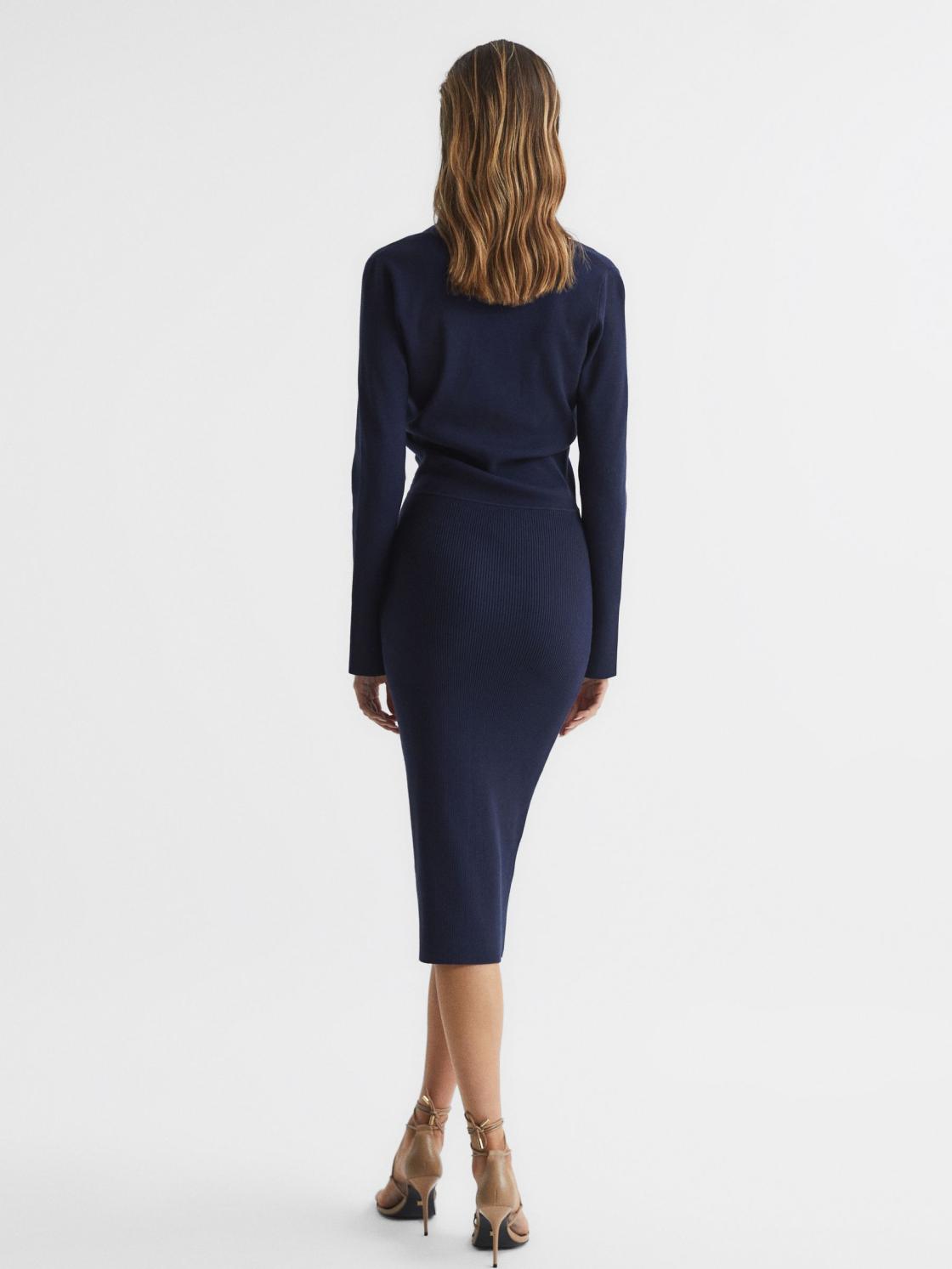 Reiss Dresses | Elaina Rib-Knitted Midi Dress Navy - Women