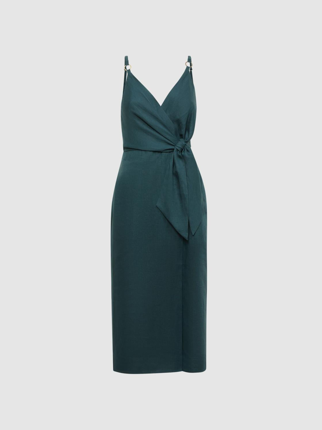 Reiss Dresses | Elsie Linen Side Tie Midi Dress Dark Teal - Women