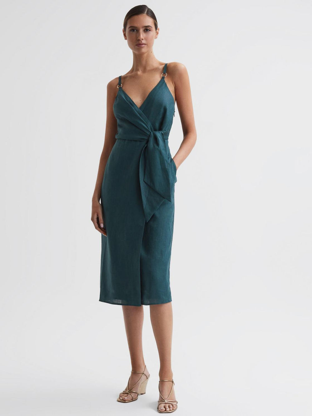 Reiss Dresses | Elsie Linen Side Tie Midi Dress Dark Teal - Women