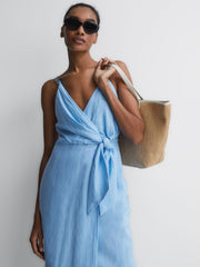 Reiss Dresses | Esme Linen Side Tie Midi Dress Aqua - Women