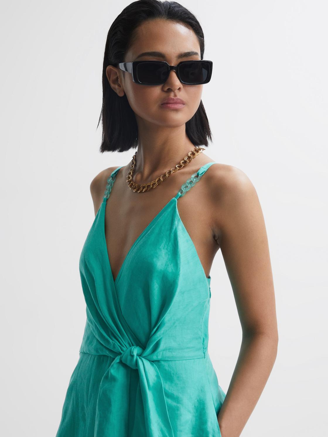 Reiss Dresses | Esme Linen Side Tie Midi Dress Aqua - Women