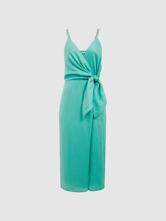 Reiss Dresses | Esme Linen Side Tie Midi Dress Aqua - Women