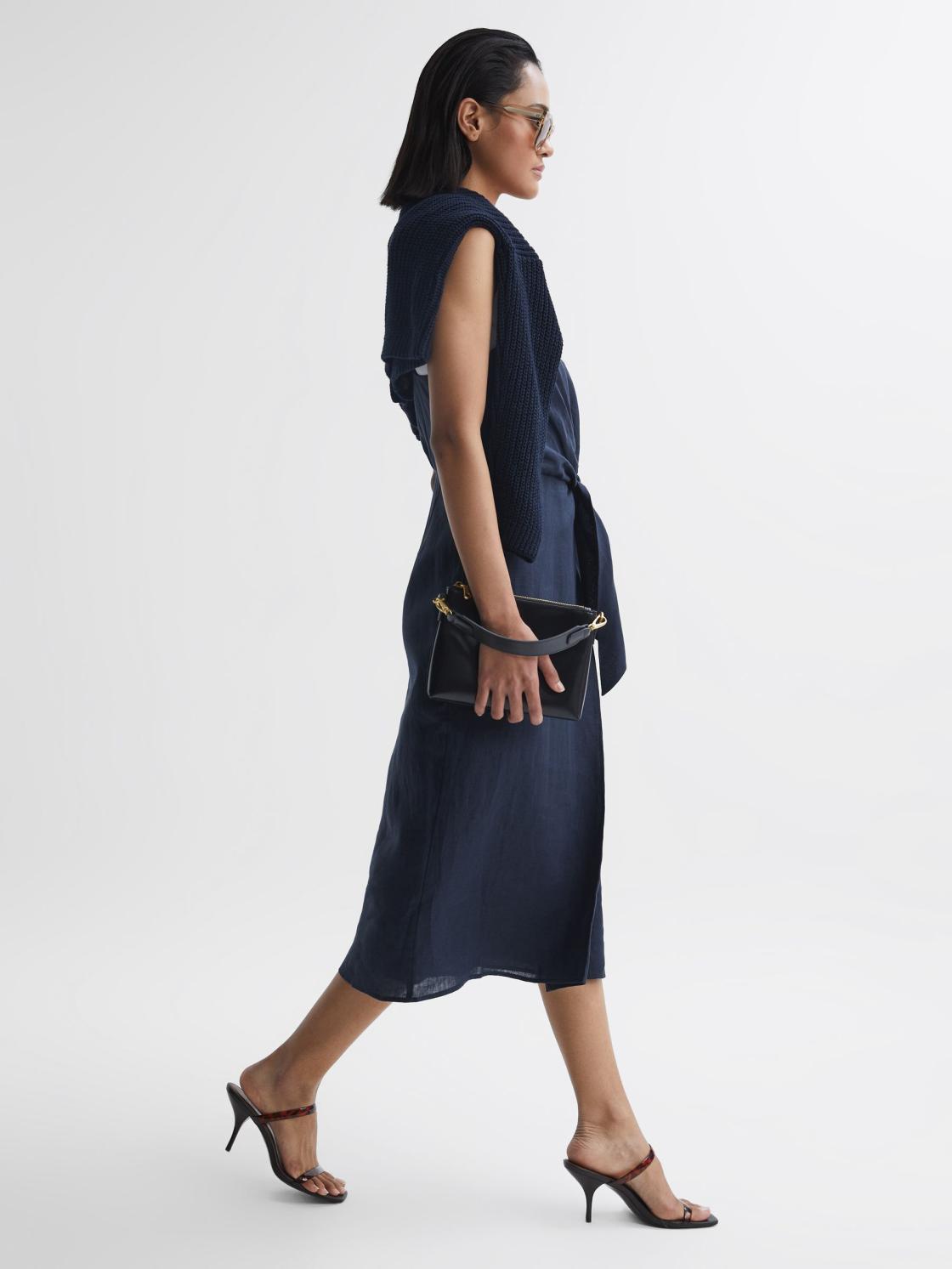 Reiss Dresses | Esme Linen Side Tie Midi Dress Blue - Women