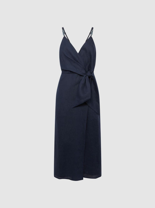 Reiss Dresses | Esme Linen Side Tie Midi Dress Blue - Women
