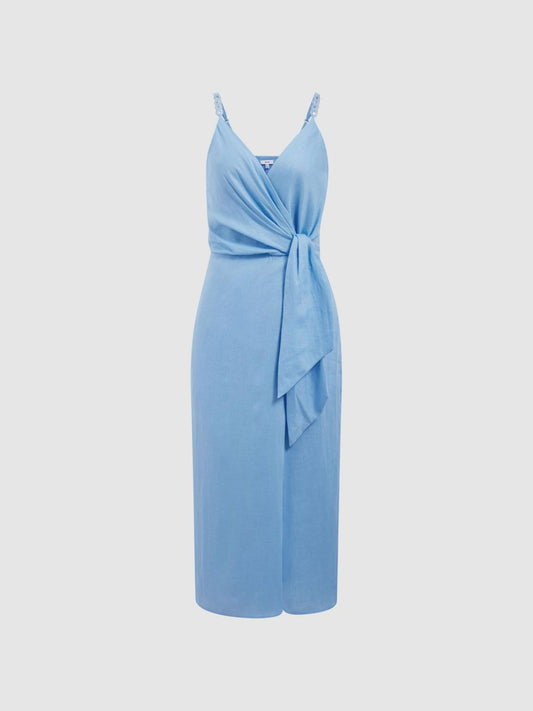 Reiss Dresses | Esme Linen Side Tie Midi Dress Blue - Women