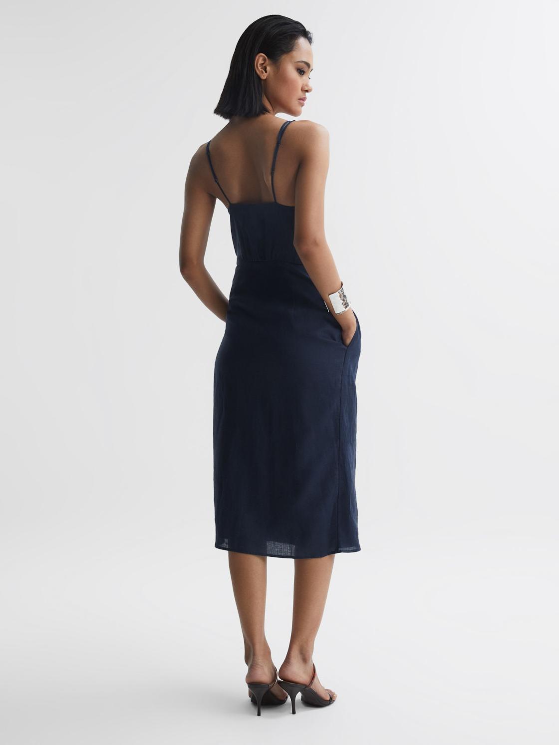Reiss Dresses | Esme Linen Side Tie Midi Dress Blue - Women