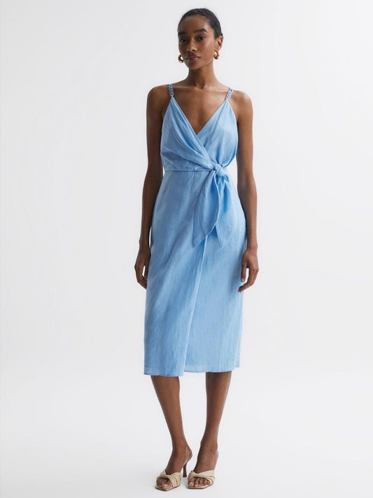 Reiss Dresses | Esme Linen Side Tie Midi Dress Blue - Women
