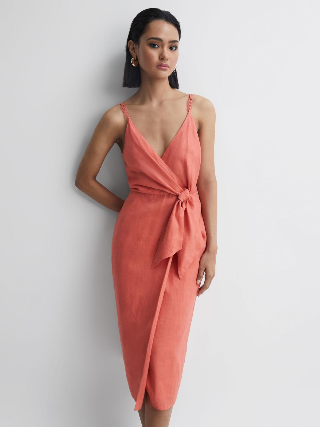 Reiss Dresses | Esme Linen Side Tie Midi Dress Coral - Women