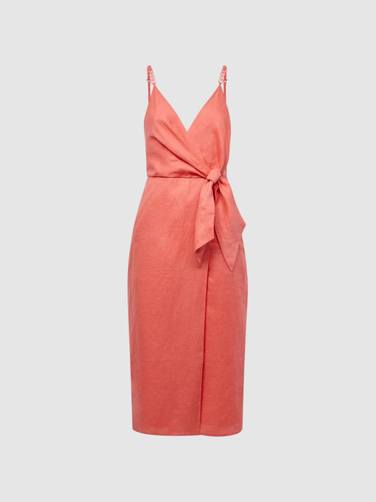 Reiss Dresses | Esme Linen Side Tie Midi Dress Coral - Women