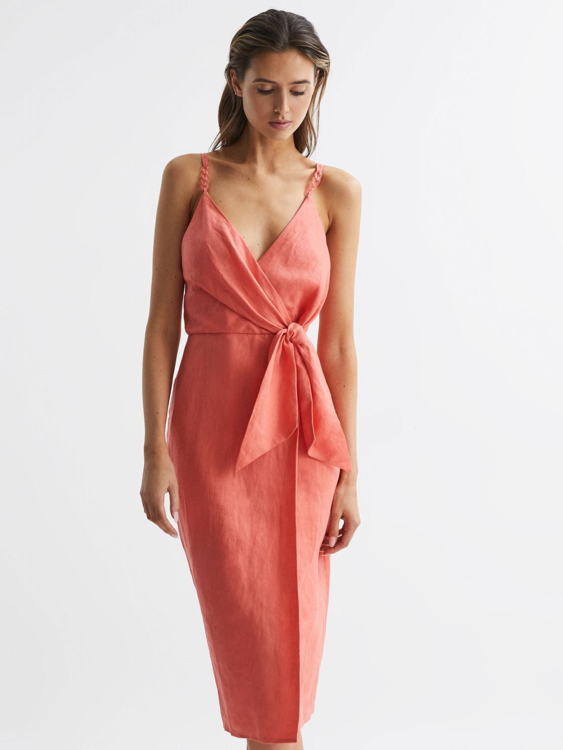 Reiss Dresses | Esme Linen Side Tie Midi Dress Coral - Women