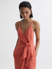Reiss Dresses | Esme Linen Side Tie Midi Dress Coral - Women