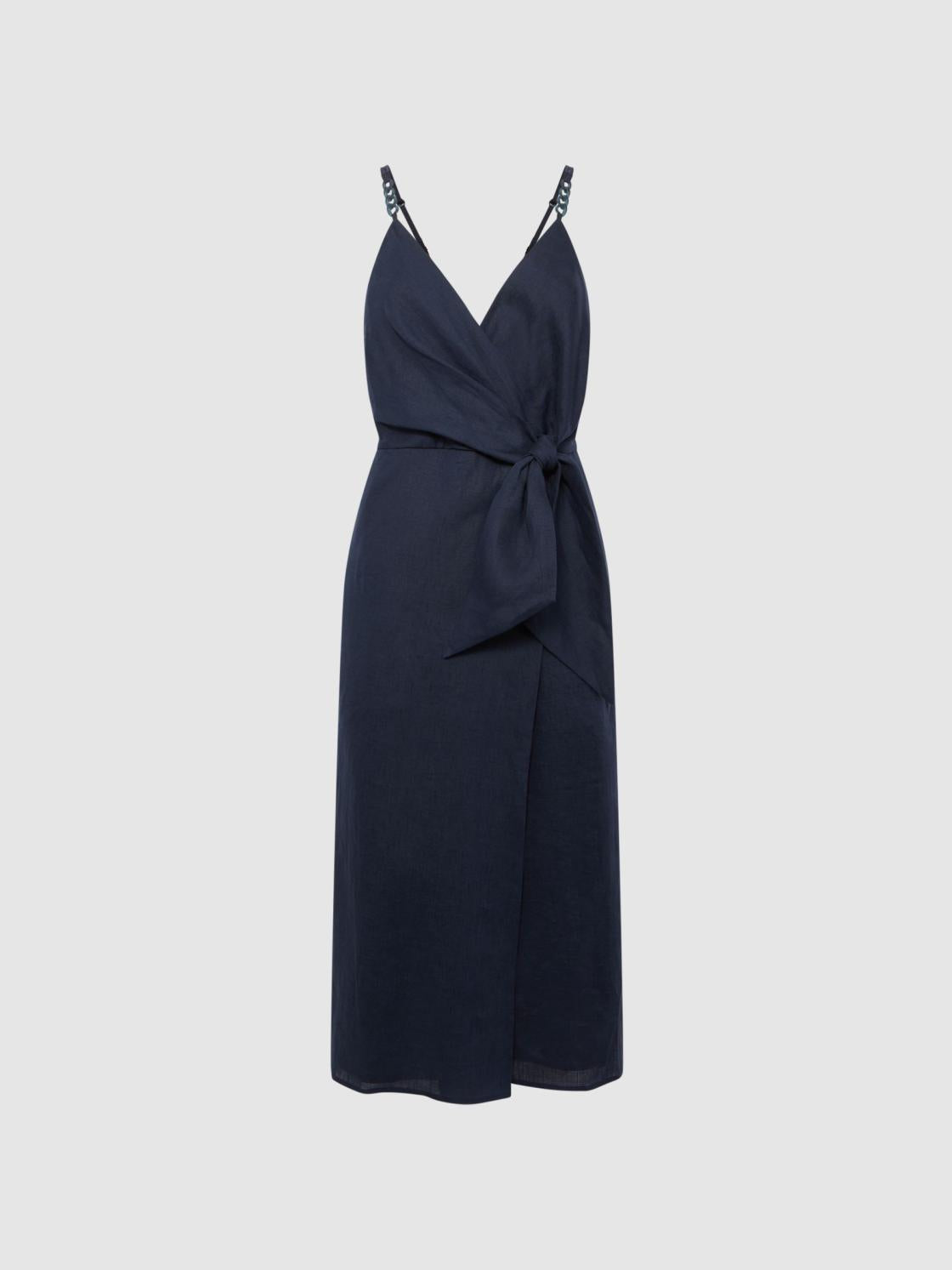 Reiss Dresses | Esme Linen Side Tie Midi Dress Navy - Women