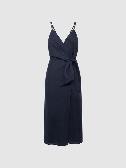 Reiss Dresses | Esme Linen Side Tie Midi Dress Navy - Women