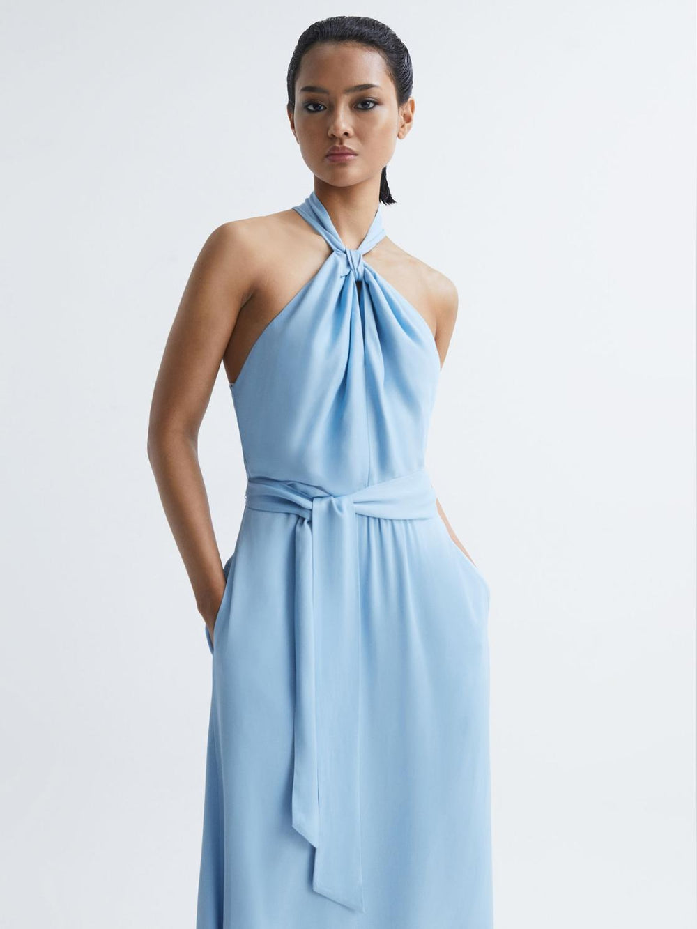 Reiss Dresses | Evelyn Fitted Halter Neck Midi Dress Blue - Women