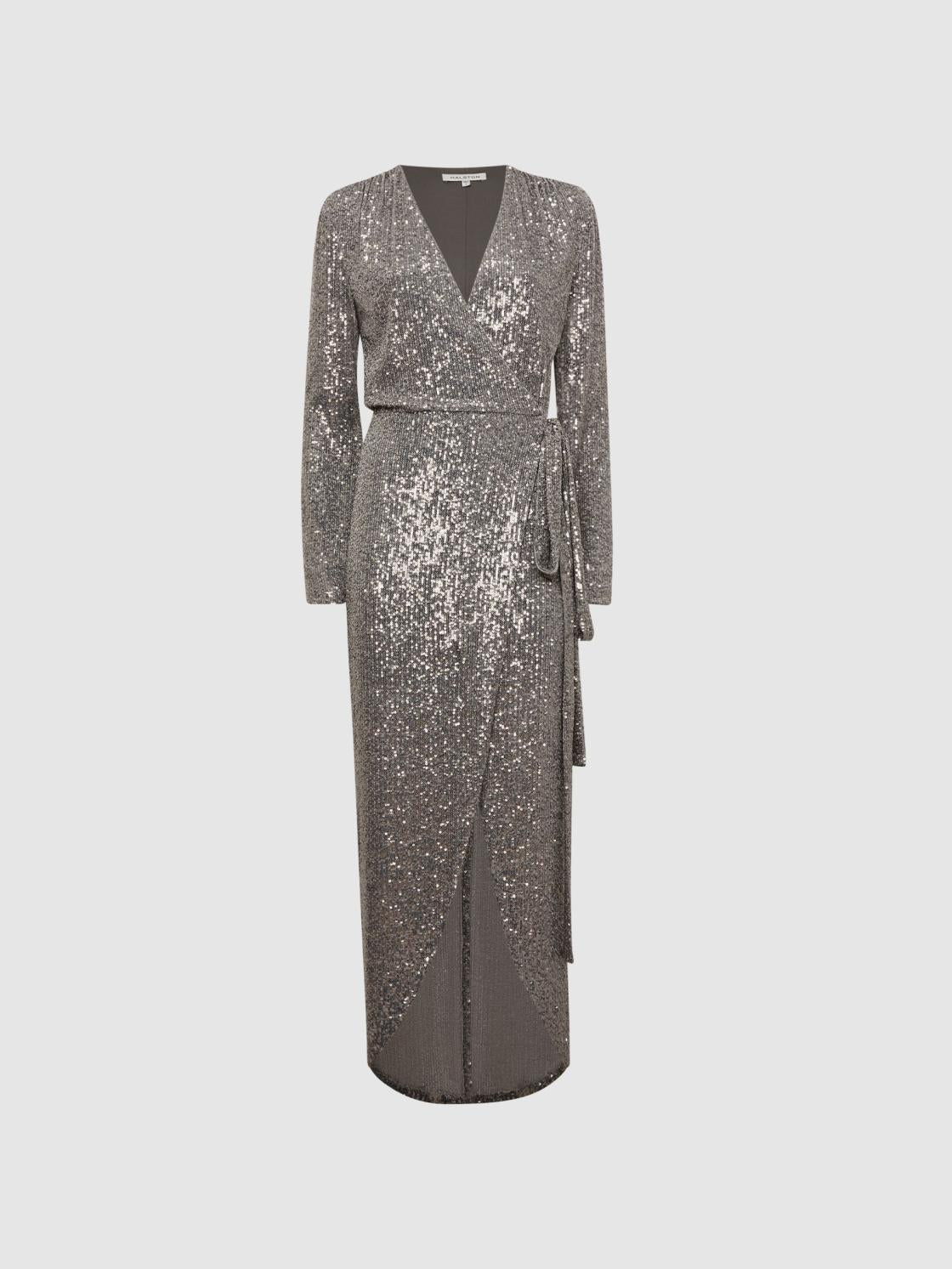Reiss Dresses | Falan Halston Sequin Wrap Midi Dress Silver - Women
