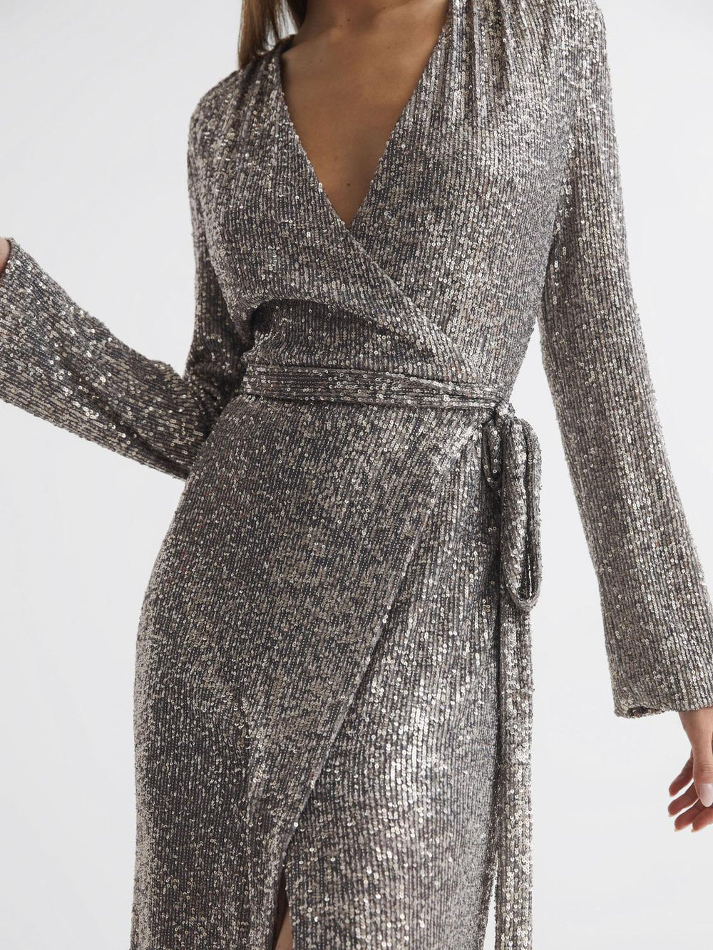 Reiss Dresses | Falan Halston Sequin Wrap Midi Dress Silver - Women
