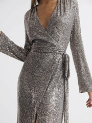 Reiss Dresses | Falan Halston Sequin Wrap Midi Dress Silver - Women
