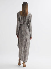 Reiss Dresses | Falan Halston Sequin Wrap Midi Dress Silver - Women
