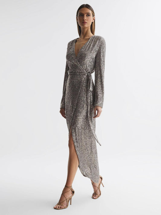 Reiss Dresses | Falan Halston Sequin Wrap Midi Dress Silver - Women