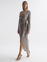 Reiss Dresses | Falan Halston Sequin Wrap Midi Dress Silver - Women
