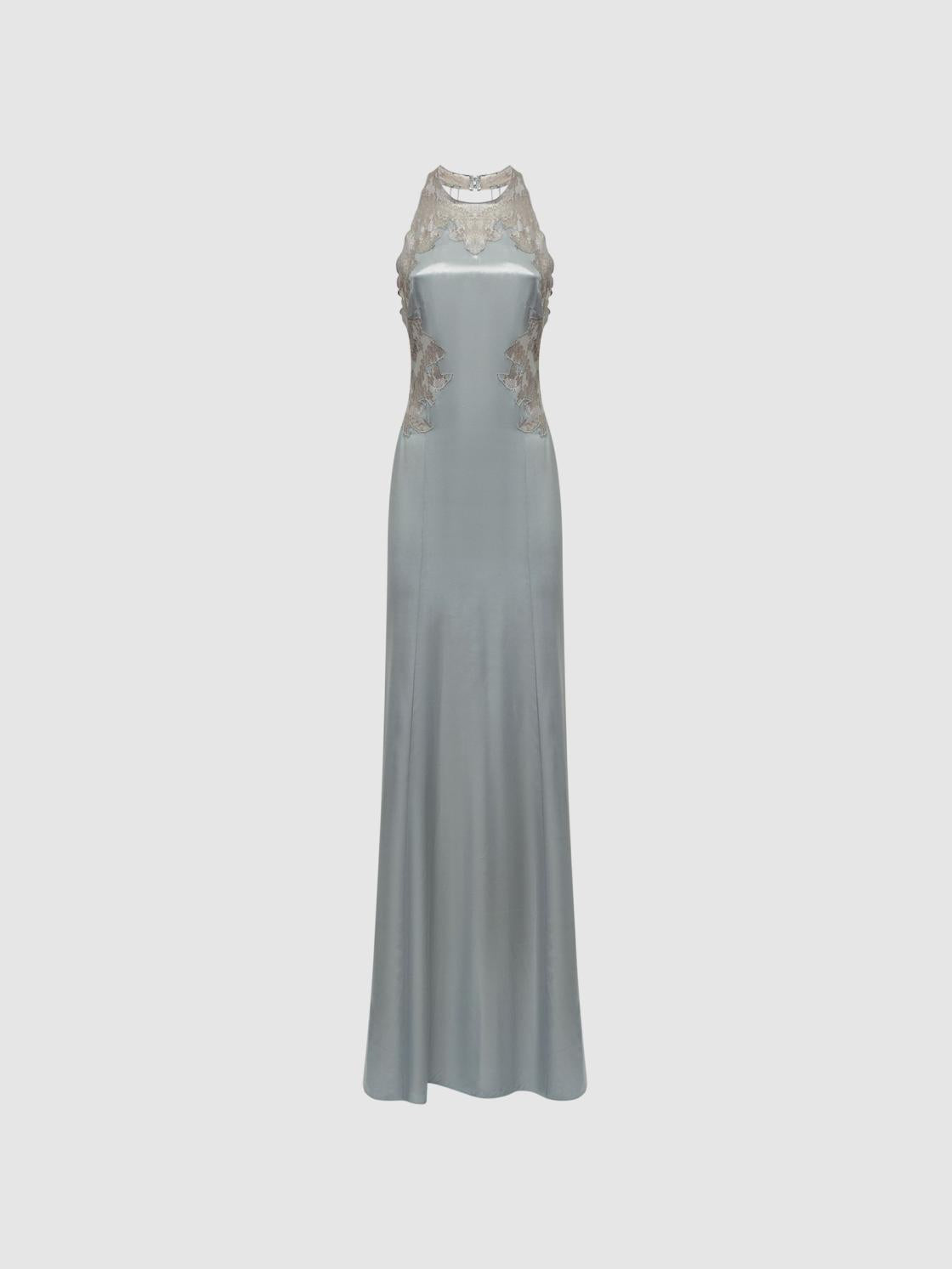 Reiss Dresses | Fern Fitted Lace Halter Neck Maxi Dress Silver - Women