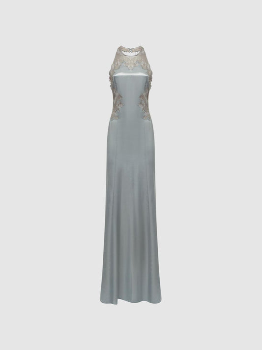 Reiss Dresses | Fern Fitted Lace Halter Neck Maxi Dress Silver - Women