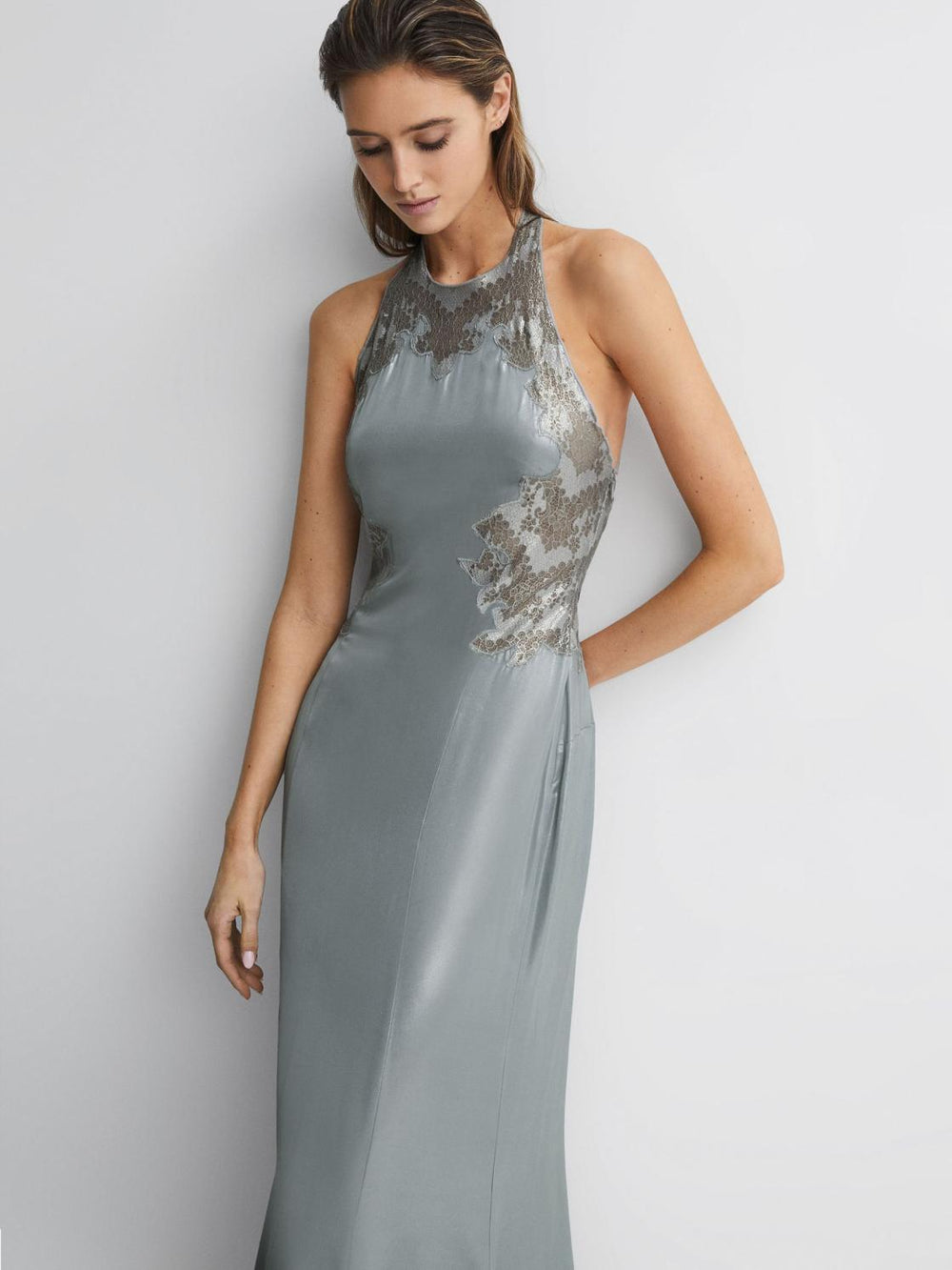 Reiss Dresses | Fern Fitted Lace Halter Neck Maxi Dress Silver - Women