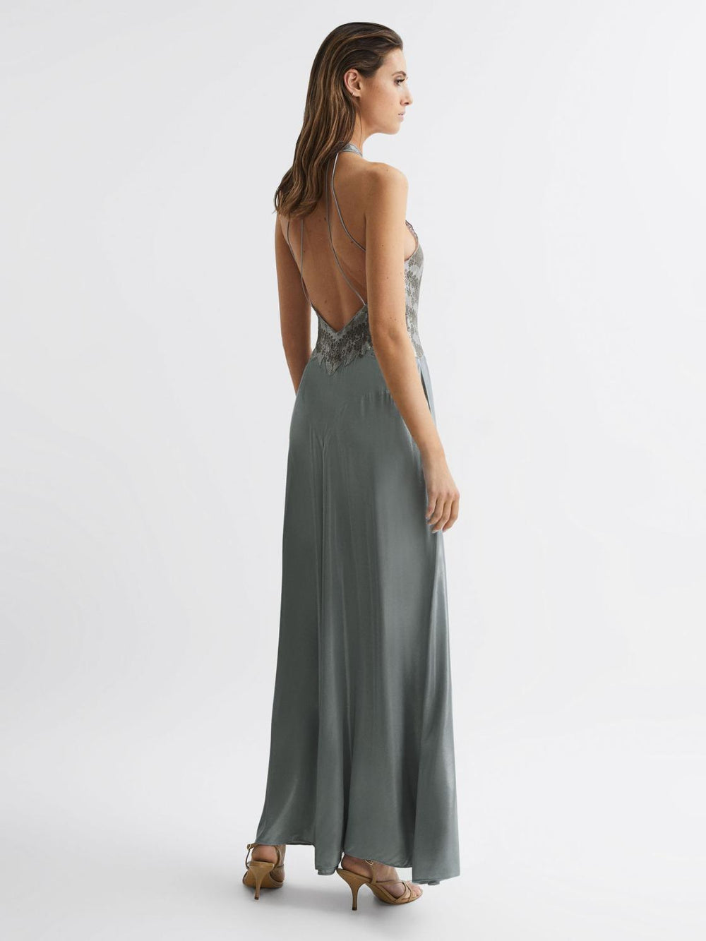 Reiss Dresses | Fern Fitted Lace Halter Neck Maxi Dress Silver - Women
