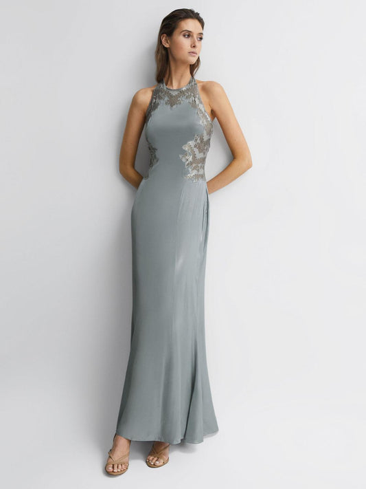 Reiss Dresses | Fern Fitted Lace Halter Neck Maxi Dress Silver - Women