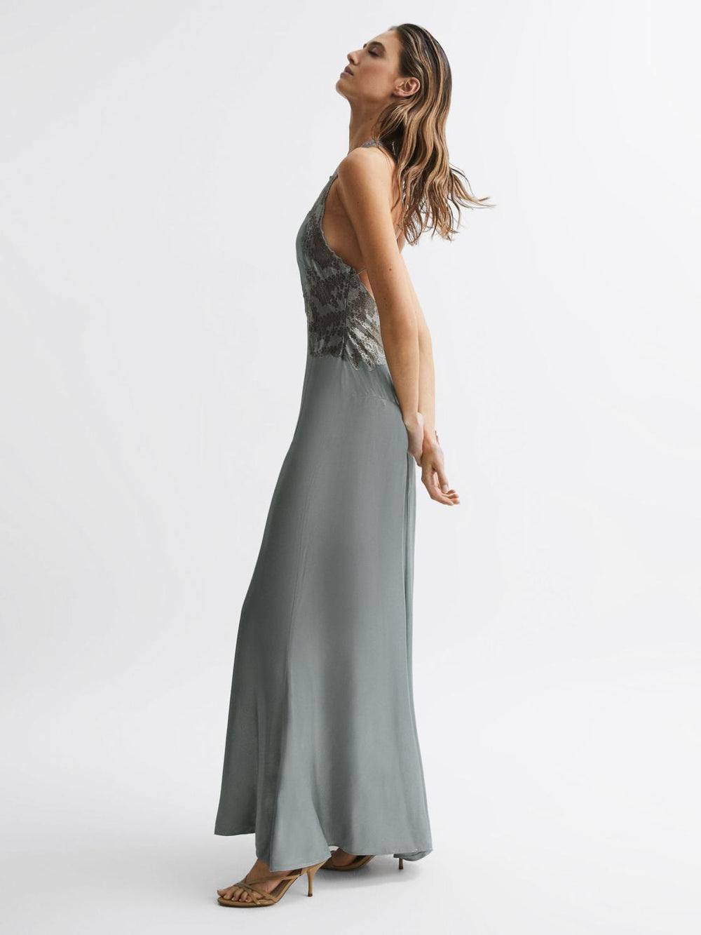 Reiss Dresses | Fern Fitted Lace Halter Neck Maxi Dress Silver - Women
