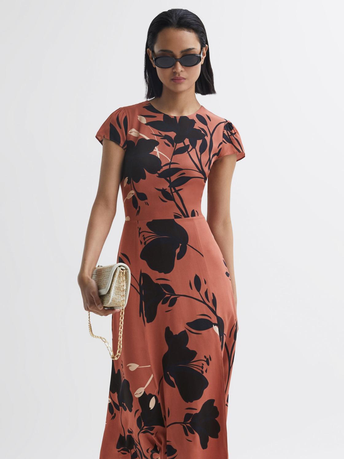 Reiss Dresses | Floella Floral Printed Midi Dress Blush/black - Women