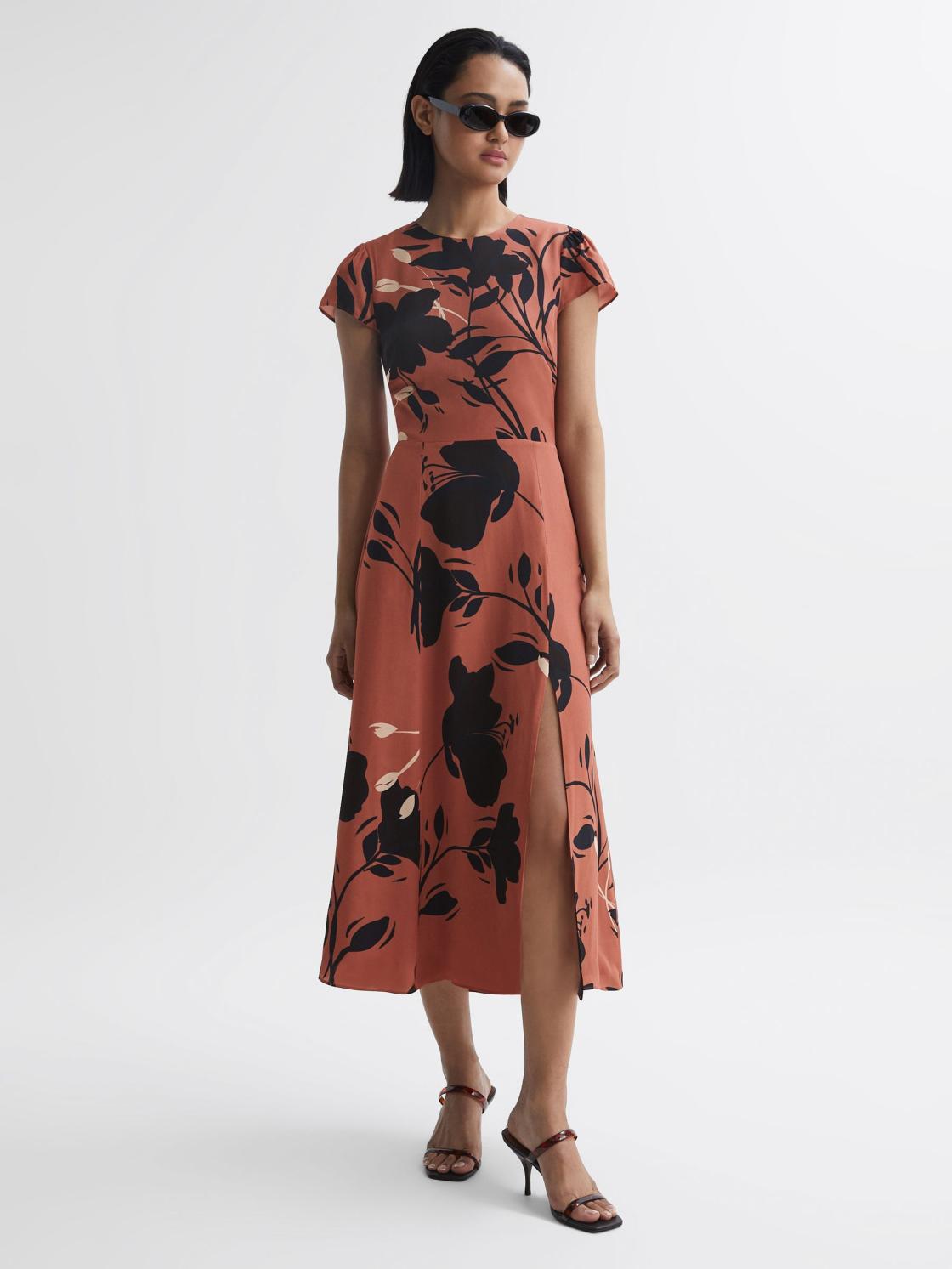 Reiss Dresses | Floella Floral Printed Midi Dress Blush/black - Women